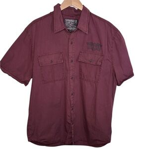 Affliction Biker Skull Marron Short Sleeve Button Up Shirt Men Size 2XL